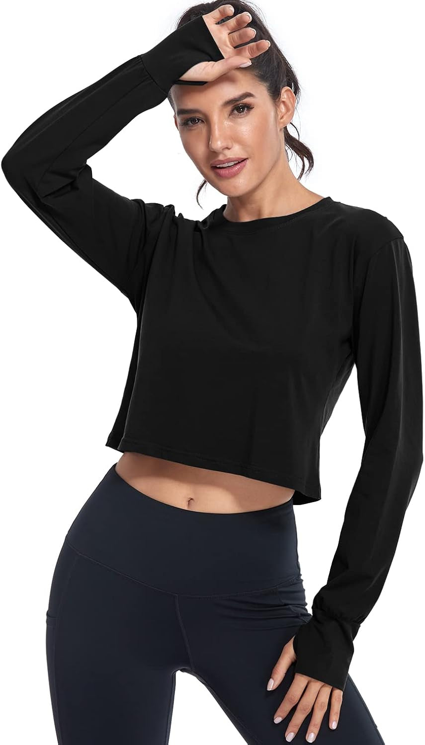 Long Sleeve Crop Top Workout Tops for Women Thumb Hole Tops